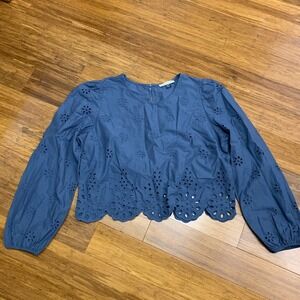 American Eagle Blue Eyelet Cropped Long Sleeve Top‎ Cotton Women's Size Medium
